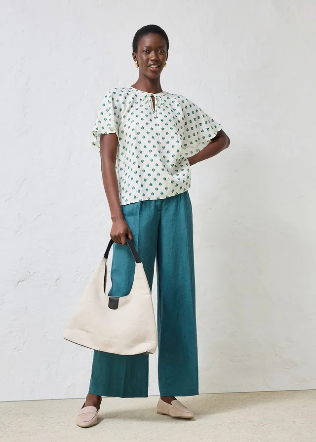 Blouse 100% lin crème-vert poivre imprimé