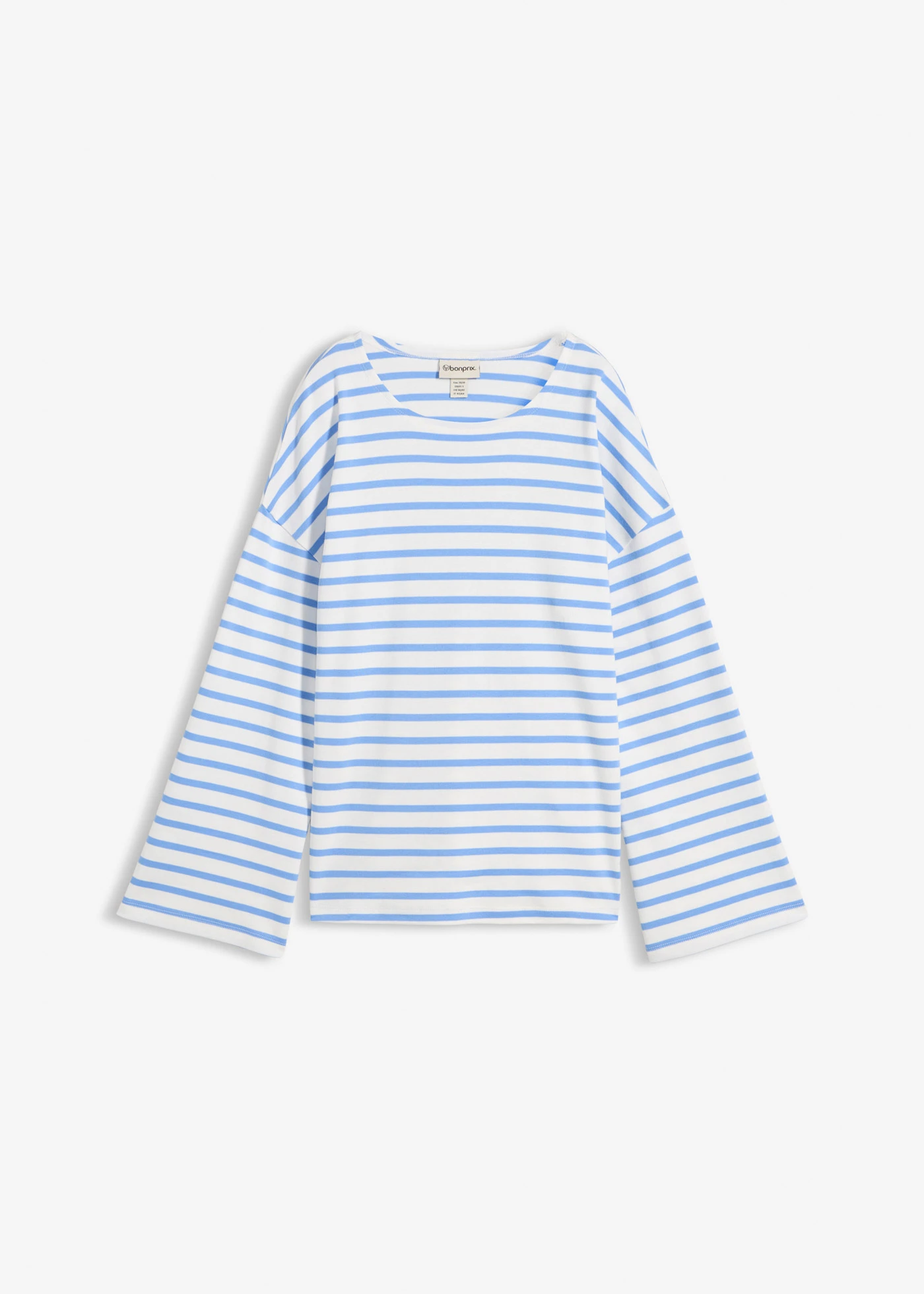 T-shirt z długim rękawem, z bawełny organicznej • niebieski-biel wełny w poziome pasy • sklep bonprix