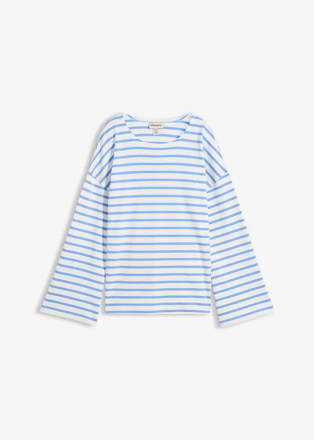 T-shirt z długim rękawem, z bawełny organicznej, kolor: niebieski-biel wełny w poziome pasy
