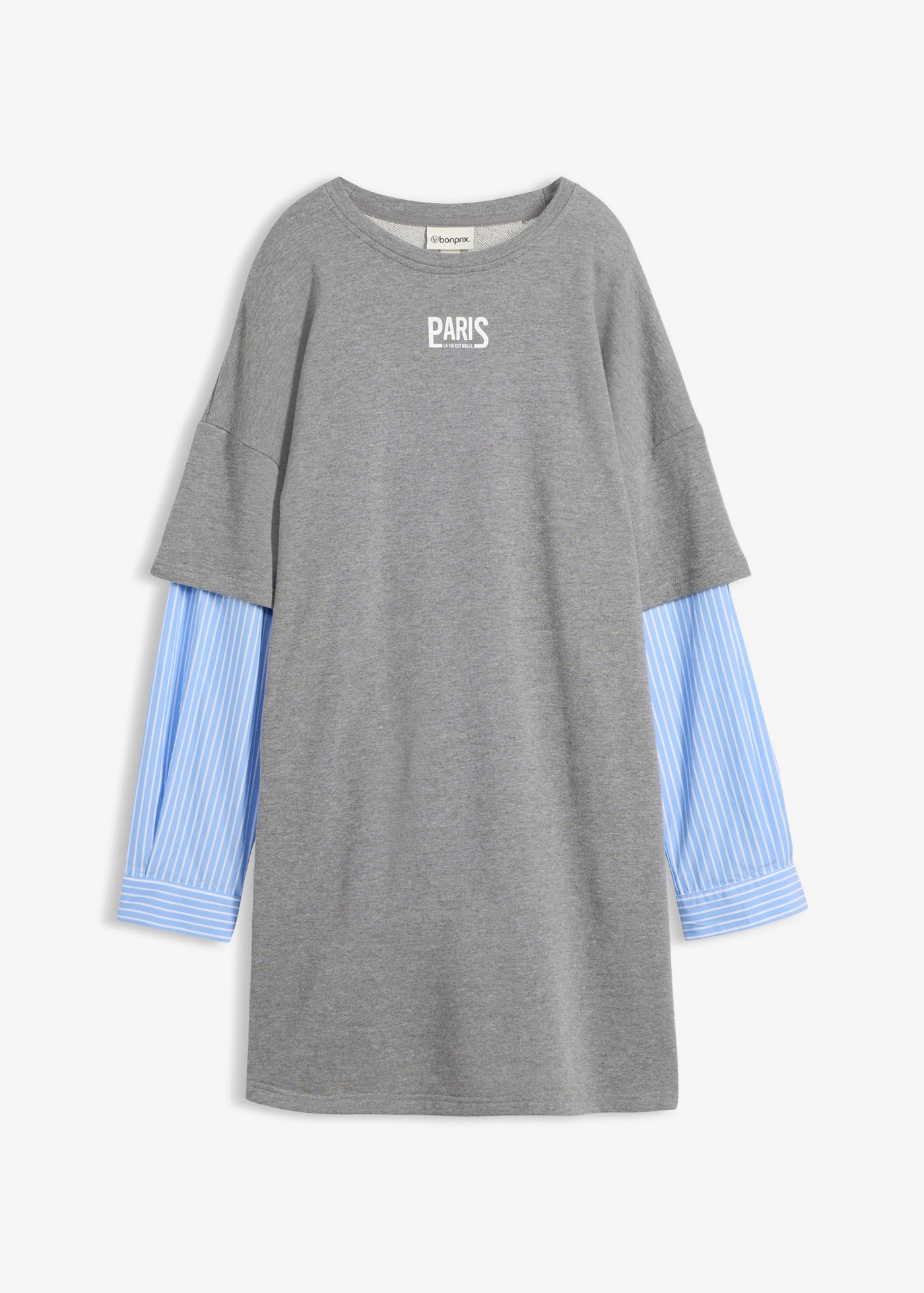 Robe sweat oversize à manches chemise • gris chiné-bleu moyen-blanc • Boutique bonprix