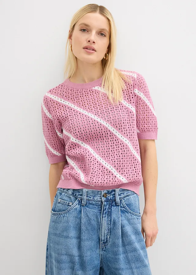 Ajour trui van katoen • mauve-wit gestreept • product-page.page-title-suffix