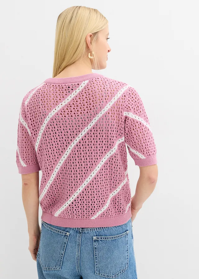 Ajour trui van katoen • mauve-wit gestreept • product-page.page-title-suffix