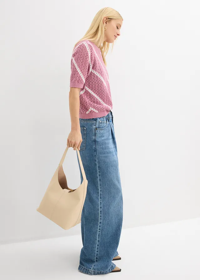 Pull ajouré 100% coton, Couleur: mauve-blanc rayé