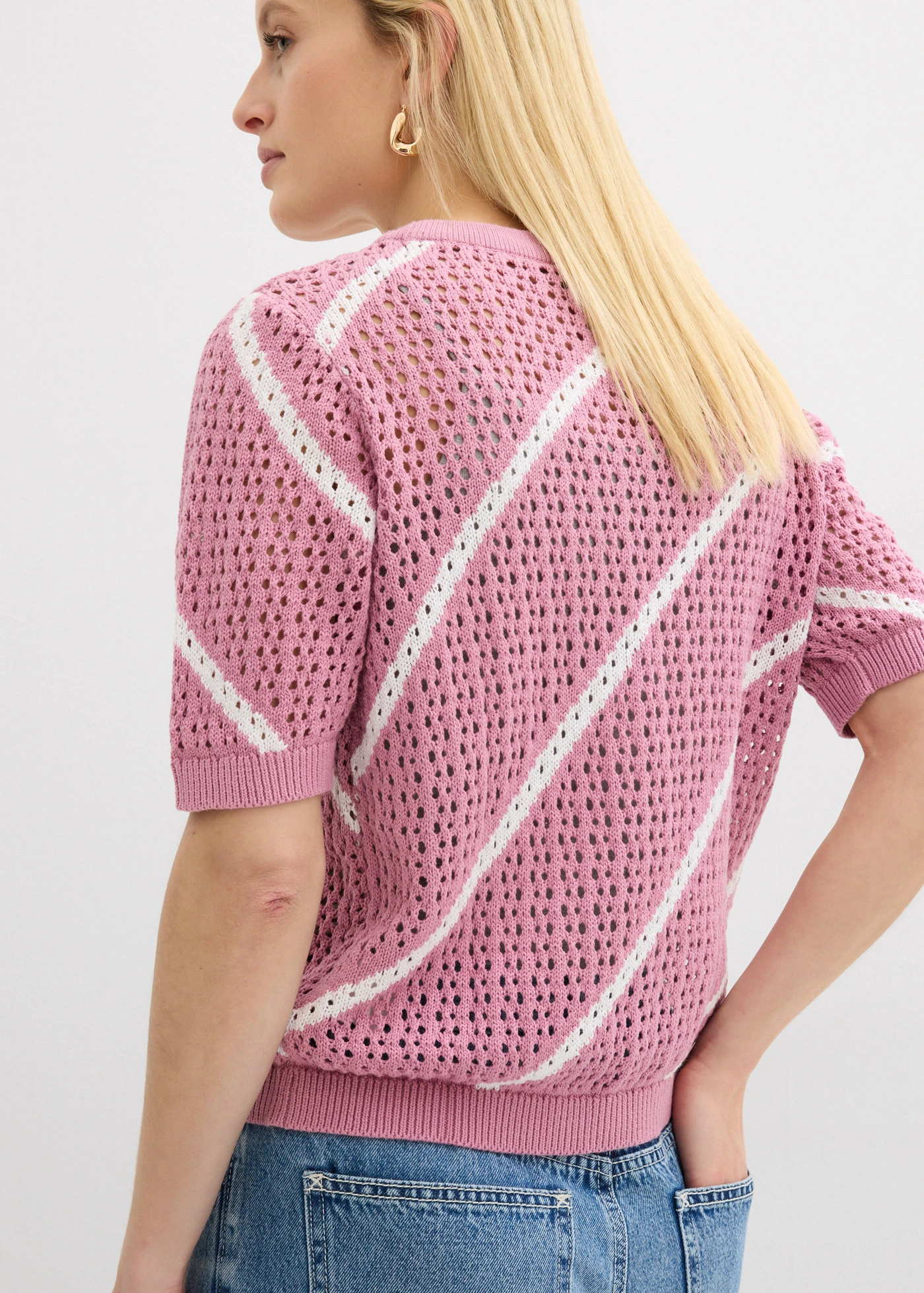 Sweter ażurowy z czystej bawełny • róż malwowy-biały w paski • sklep bonprix