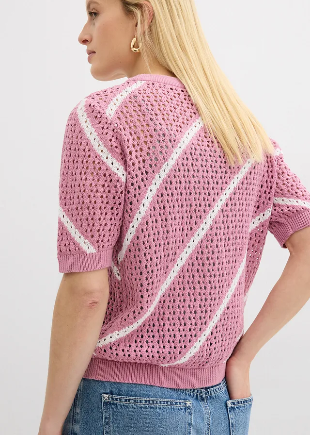 Ajour trui van katoen • mauve-wit gestreept • product-page.page-title-suffix