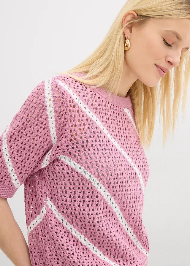Ajour trui van katoen • mauve-wit gestreept • product-page.page-title-suffix