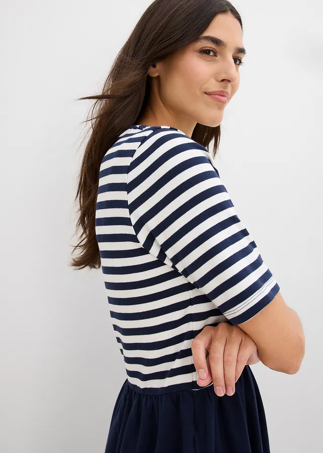 Rochie din tricot din bumbac 100% • bleumarin/ecru dungat • magazin bonprix