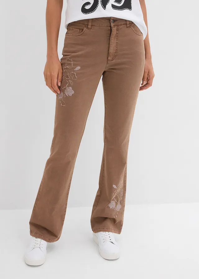 Bootcut broek met borduursel, Kleur: kastanjebruin