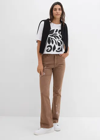 Bootcut broek met borduursel, Kleur: kastanjebruin