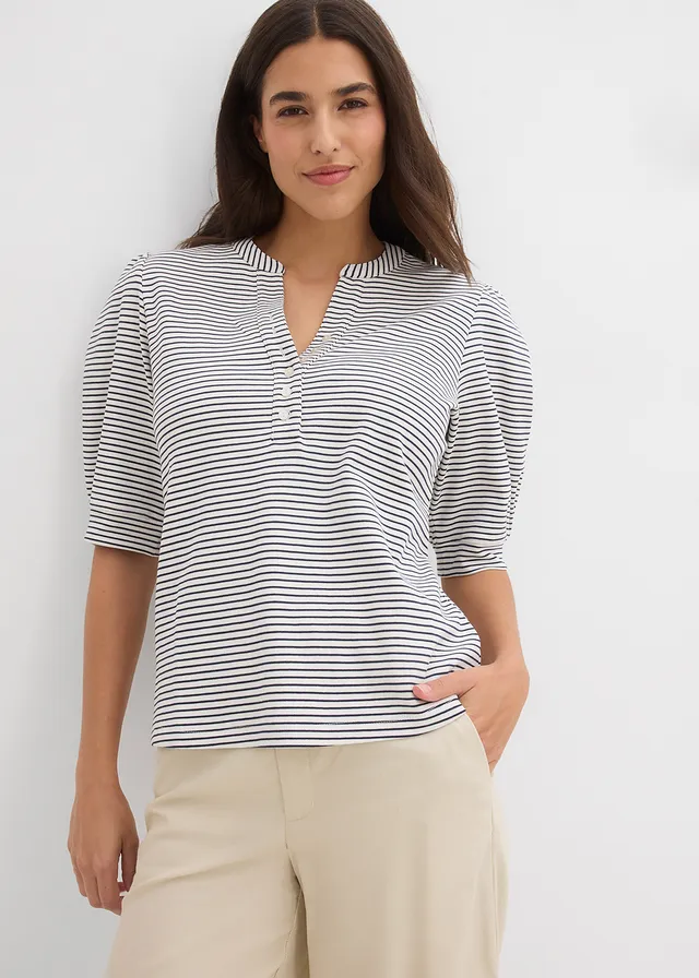 T-shirt 100% coton, Couleur: blanc nacré-bleu foncé rayé