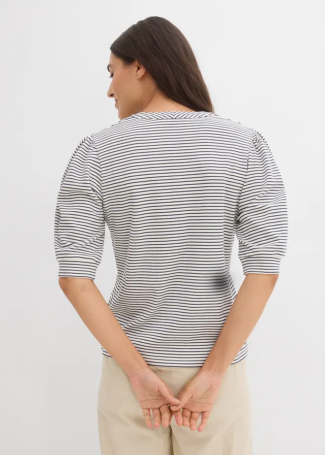 T-shirt 100% coton, Couleur: blanc nacré-bleu foncé rayé