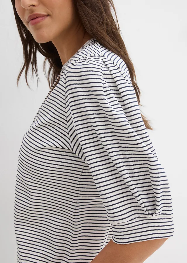 Bluză tricot din bumbac organic 100% • alb perlat/bleumarin cu dungi • magazin bonprix