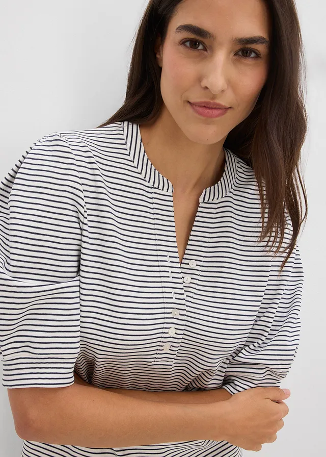 Bluză tricot din bumbac organic 100% • alb perlat/bleumarin cu dungi • magazin bonprix