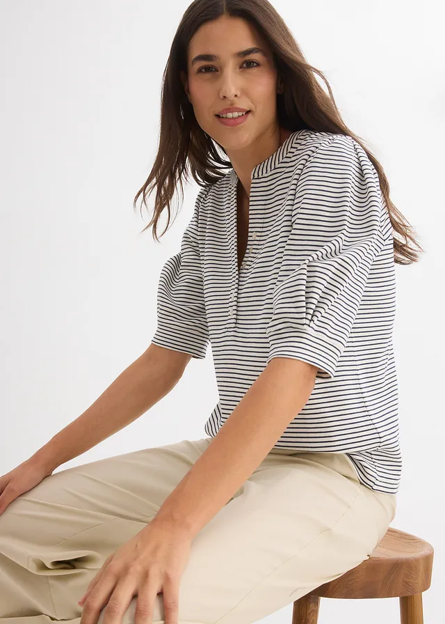Bluză tricot din bumbac organic 100% • alb perlat/bleumarin cu dungi • magazin bonprix