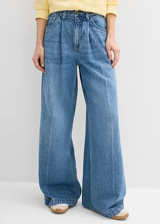 Jeansy super wide leg palazzo, mid waist • niebieski denim "used" • sklep bonprix