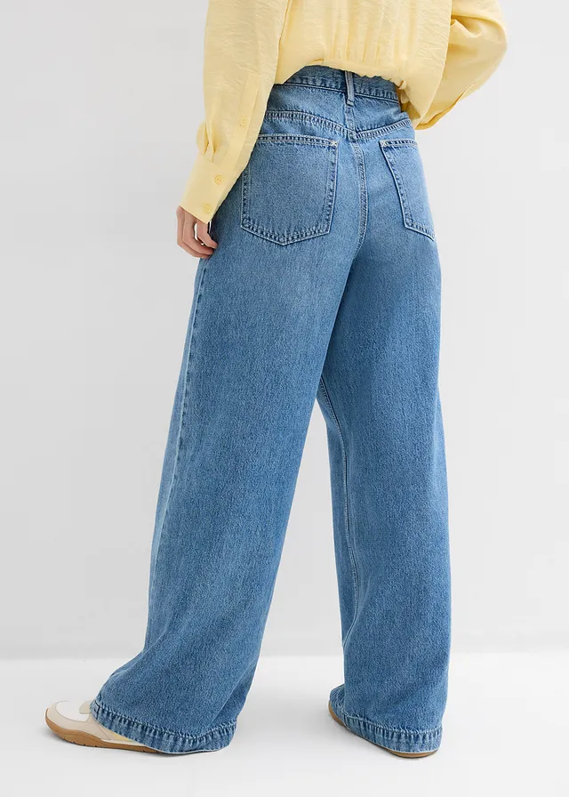 Super wide palazzo jeans van katoen, Kleur: blauw denim used