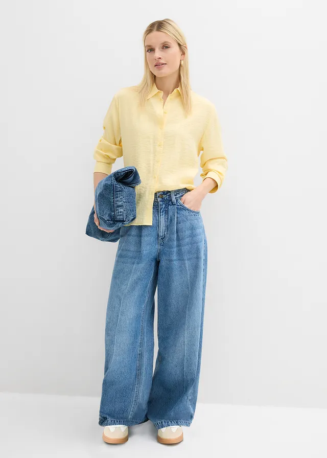 Super wide palazzo jeans van katoen, Kleur: blauw denim used