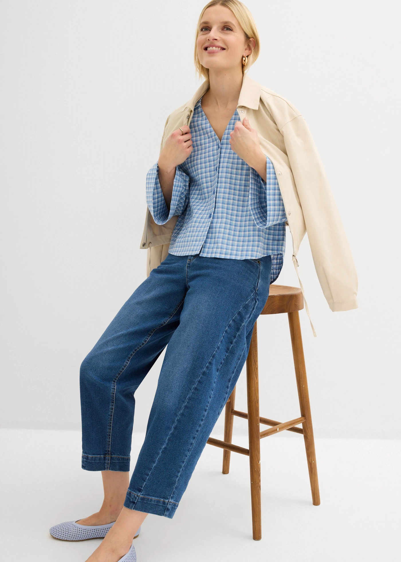 Džíny Barrel, Mid Waist, zkrácené • modrý denim used • bonprix obchod