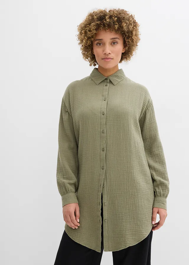 Chemisier long oversize en gaze de coton • olive • product-page.page-title-suffix