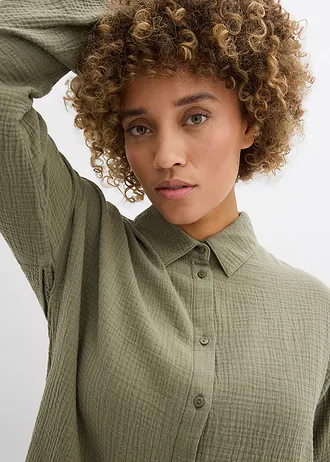 Chemisier long oversize en gaze de coton • olive • Boutique bonprix