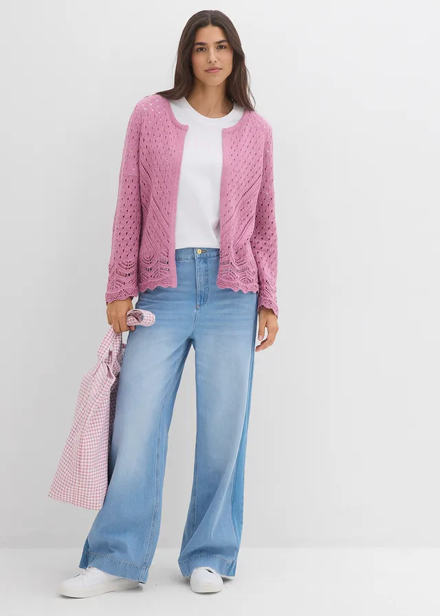 Cardigan ajouré 100% coton bleu clair denim used