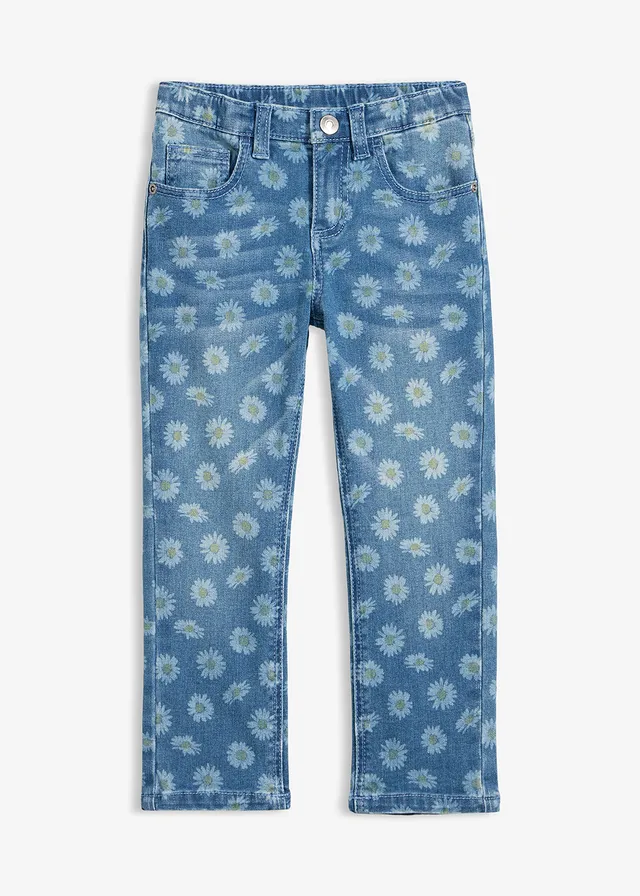 Ultra-Soft Slim Fit jeans, mid waist, Kleur: blauw denim gebloemd
