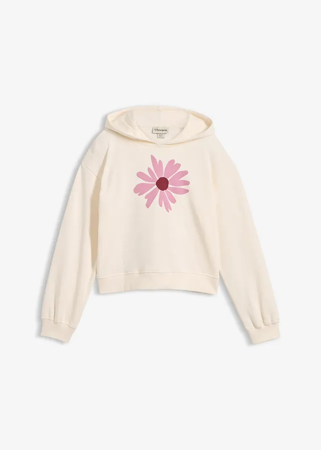 Krótka bluza z kapturem, z czystej bawełny organicznej • biały perłowy • sklep bonprix