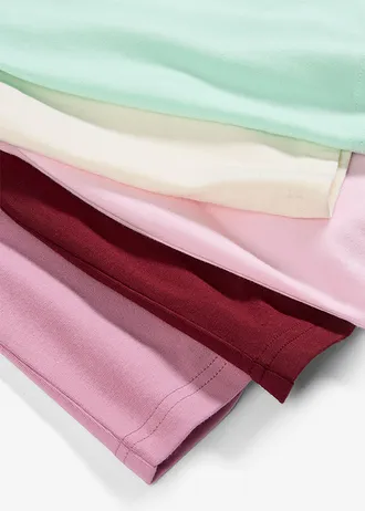 T-shirt van elastisch biologisch katoenmix (set van 5) • kristalroze+parelwit+lichtmint+mauve+robijnrood • bonprix online shop