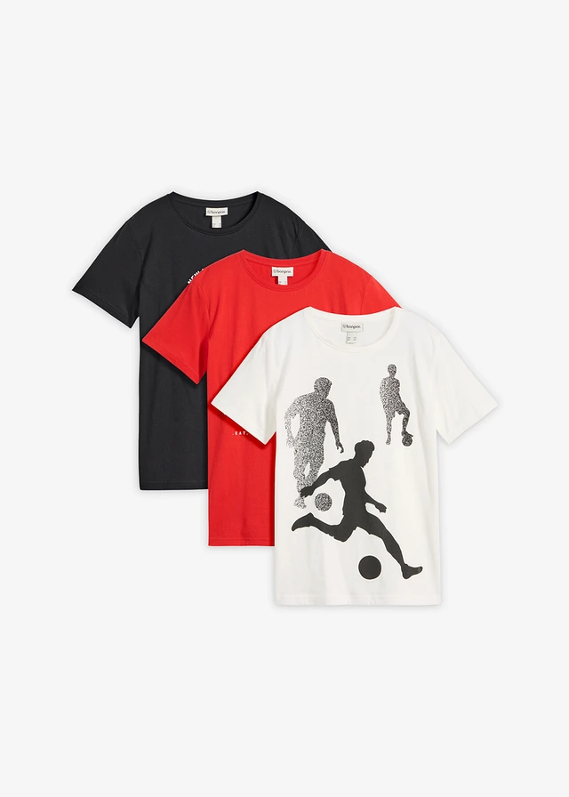 T-shirt z czystej bawełny organicznej (3 szt.), kolor: truskawkowy+biel wełny+czarny z nadrukiem