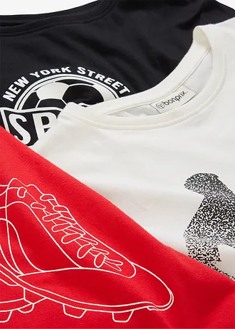 T-shirt z czystej bawełny organicznej (3 szt.) • truskawkowy+biel wełny+czarny z nadrukiem • sklep bonprix