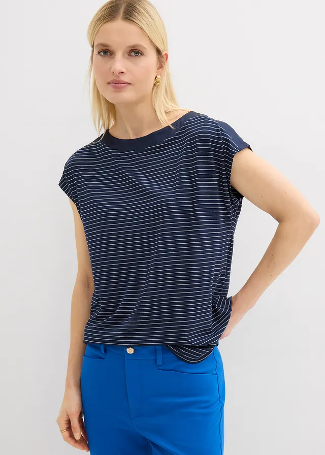T-shirt en viscose fluide avec empiècement satin, Couleur: bleu foncé-blanc rayé