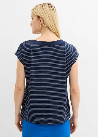 Bluză din viscoză fluidă cu inserție de satin, culoare: bleumarin/alb dungat