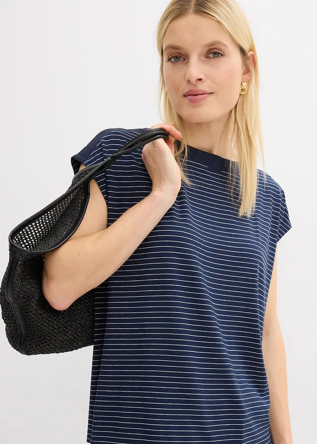 Shirt van soepele viscose en satijnen versiering • donkerblauw/wit gestreept • product-page.page-title-suffix
