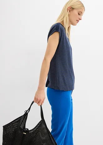 T-shirt en viscose fluide avec empiècement satin • bleu foncé/blanc rayé • Boutique bonprix