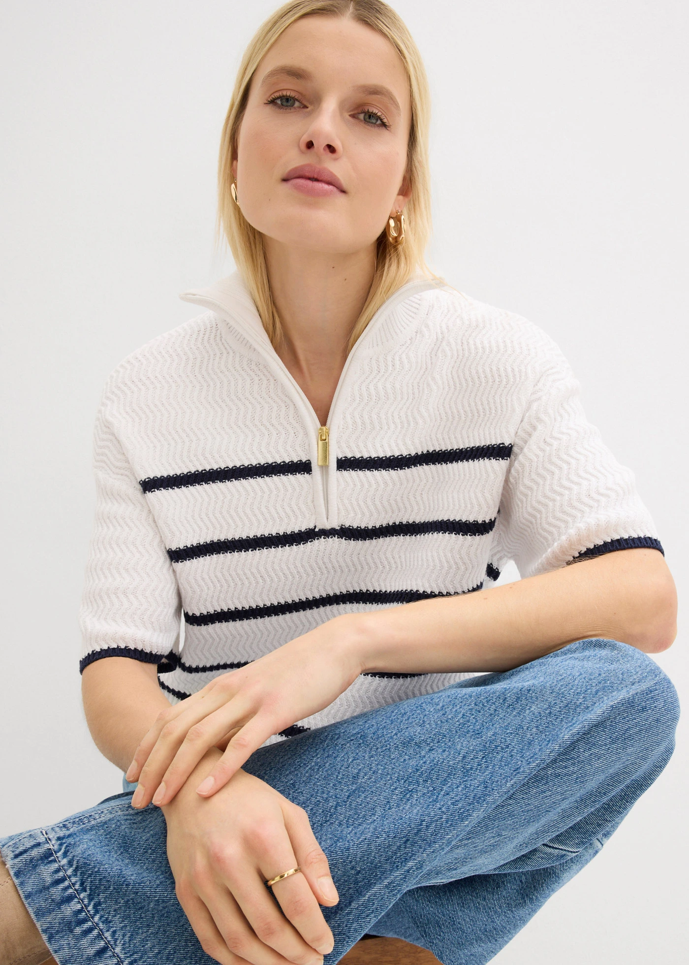 Trui met katoen • wit-donkerblauw gestreept • bonprix online shop