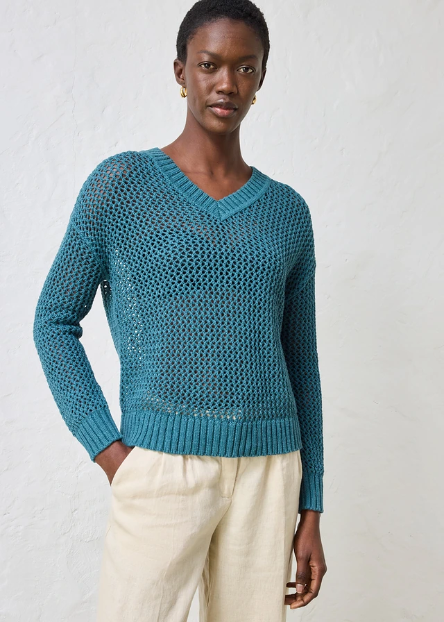 Pull ajouré en lin mélangé, Couleur: vert poivre