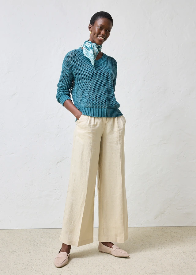 Pull ajouré en lin mélangé, Couleur: vert poivre