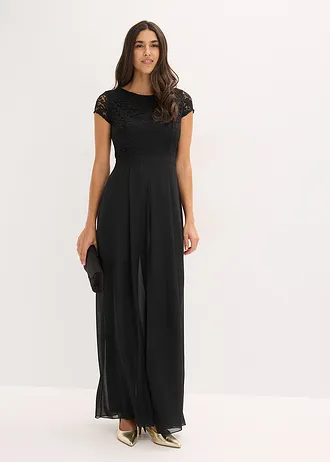 Jumpsuit met kant en inzetstuk van chiffon, Kleur: zwart
