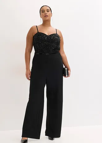 Combinaison en crêpe texturé avec perles brodées, Couleur: noir