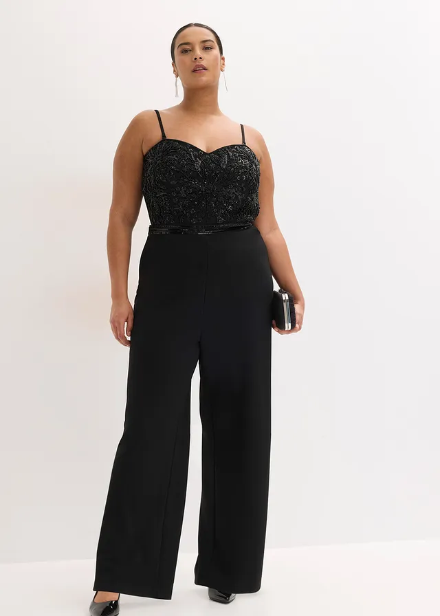 Jumpsuit van gestructureerde crêpe met parelborduursel, Kleur: zwart
