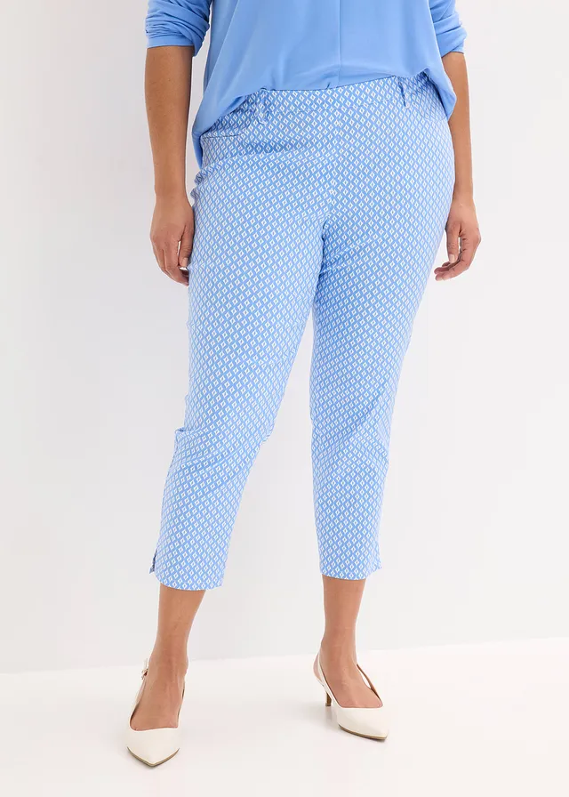 Pantalon 7/8 extensible en bengaline, Couleur: bleu moyen-écru graphique