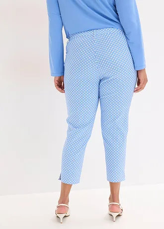 7/8 stretchbroek van bengaline, Kleur: middenblauw-wolwit met grafische print