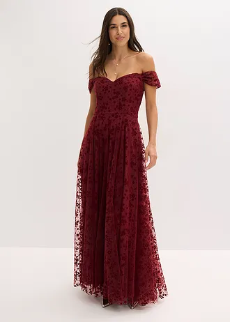 Robe de soirée avec de ravissantes fleurs brodées, Couleur: rouge rubis