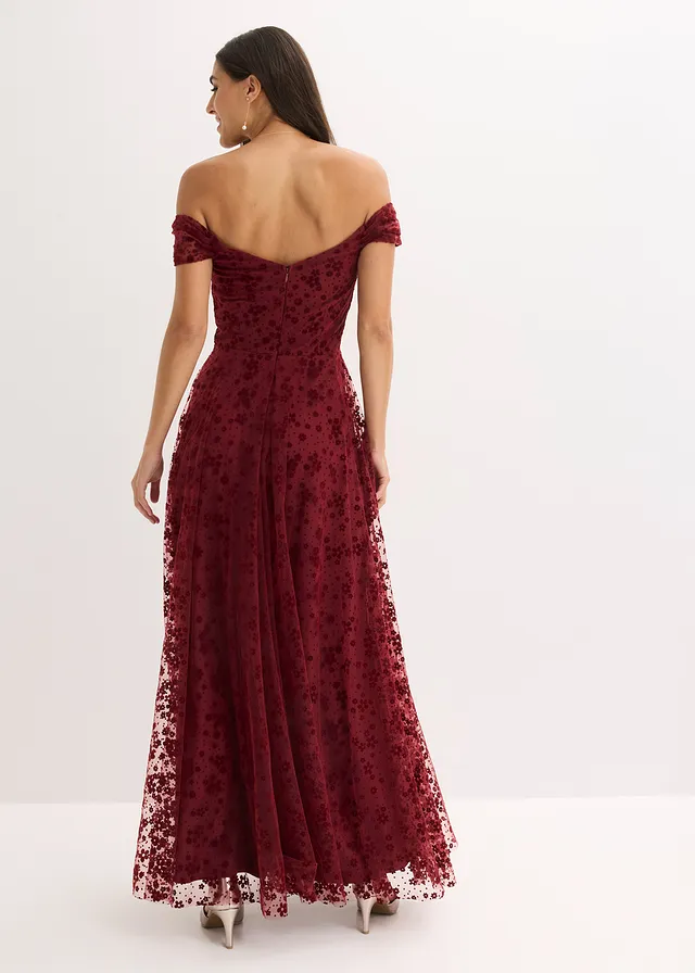 Robe de soirée avec de ravissantes fleurs brodées, Couleur: rouge rubis