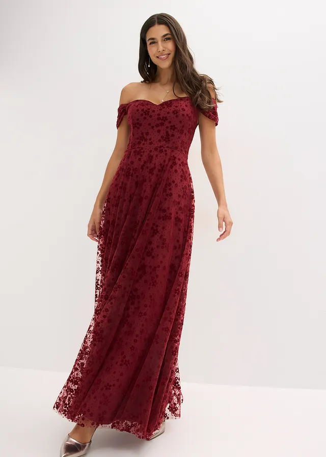 Robe de soirée avec de ravissantes fleurs brodées, Couleur: rouge rubis