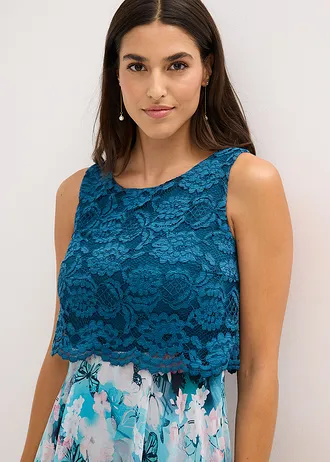 Chiffon jurk met sierlijk kant • petrol gebloemd • bonprix online shop