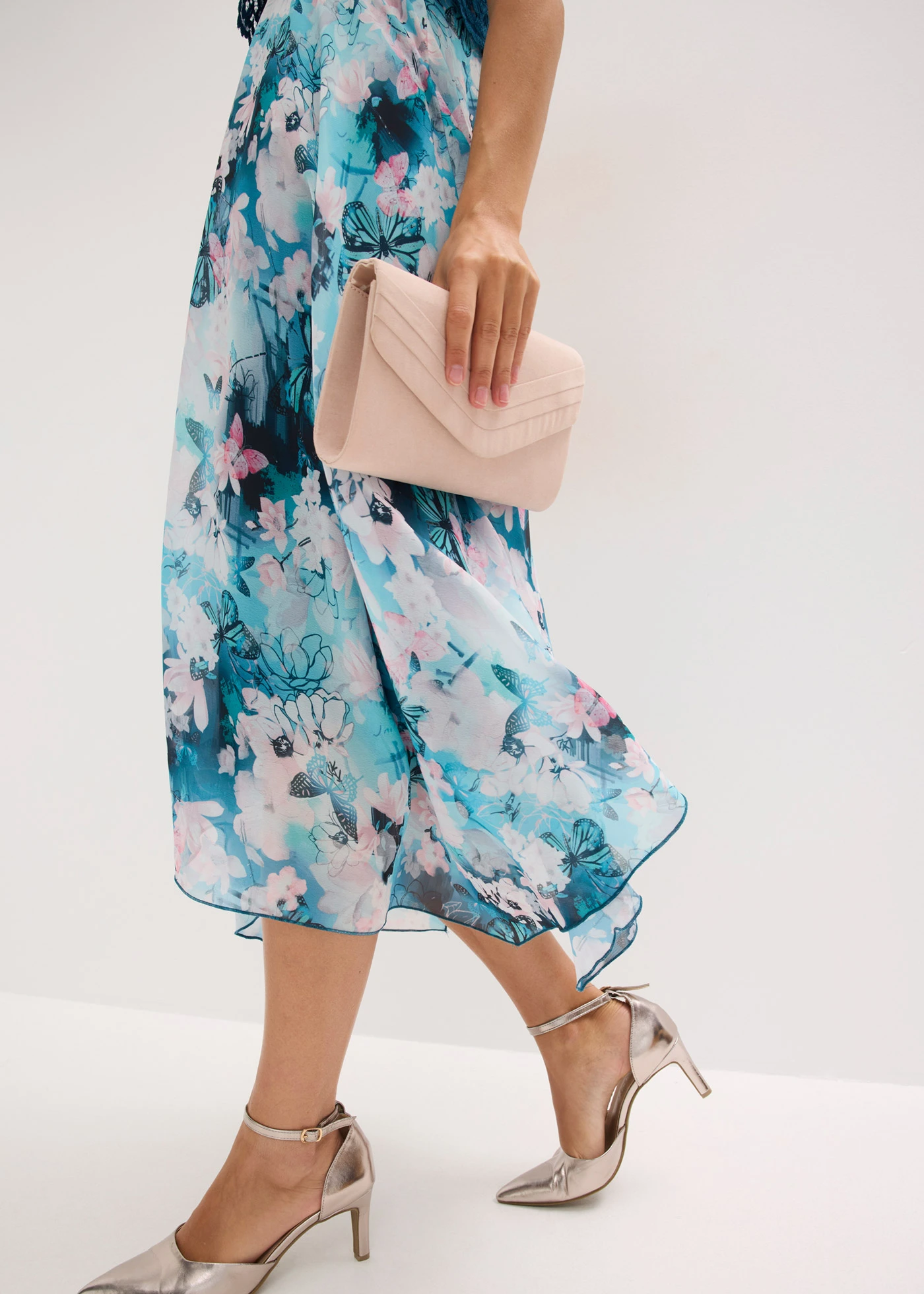 Chiffon jurk met sierlijk kant • petrol gebloemd • bonprix online shop