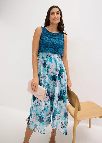Chiffon jurk met sierlijk kant • petrol gebloemd • bonprix online shop