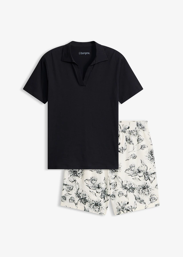 Pyjashort avec T-shirt polo 100% coton, Couleur: noir/crème floral