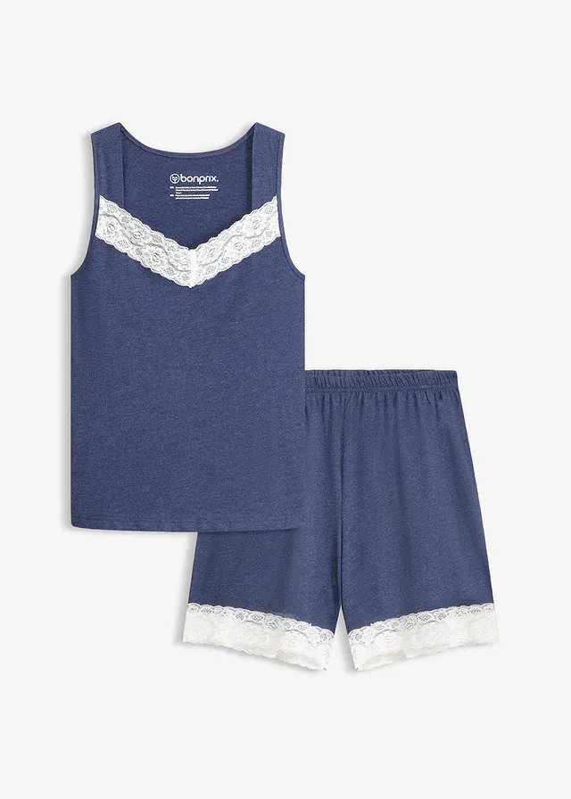 Pyjashort 100% coton, Couleur: bleu foncé chiné-écru